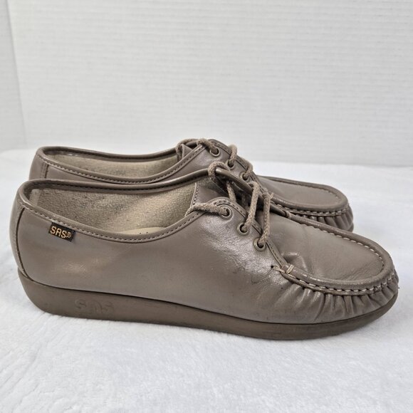 SAS Size 9.5 N Bounce Lace Up Moccasins Beige Leather Wedge Comfort Shoes - Picture 5 of 9